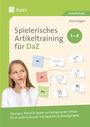 "Spielerisches Artikeltraining für DaZ", Grundschule. Mädchen denkt nach. Wortkarten mit Illustrationen: Mund, Bleistift, Birne.