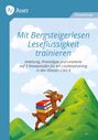 Logo "Auer", Text: "Mit Bergsteigerlesen Leseflüssigkeit trainieren". Illustration: Ziege trägt Bücher, steigt Berg hoch.