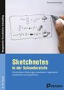 "Sketchnotes in der Sekundarstufe" steht groß auf einem Umschlag, darunter schlichte Handzeichnungen und ein Stift.