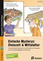 Zwei Kinder betrachten mittelalterliche Szenen. Text: "Welches Problem gibt es in der mittelalterlichen Stadt?", "Warum springt eine Ziege im Langhaus herum?" Cover eines Buches mit dem Titel "Einfache Mysterys: Steinzeit & Mittelalter".