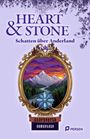 "Heart & Stone: Schatten über Anderland" von Anne Scheller. Illustration: Ovaler Rahmen mit Berglandschaft.