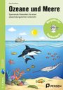 "Ozeane und Meere" steht oben. Ein Wal, Hai und Fische schwimmen im Meer, eine Sonne scheint, ein Boot fährt oben.