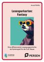 "Lesespurkarten: Fantasy" von Anouk Pfeiffer. Illustration eines geometrischen Tieres mit Sonnenbrille.