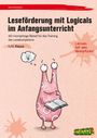 „Leseförderung mit Logicals im Anfangsunterricht“, 60 Rätsel, 1./2. Klasse. Illustration eines rosafarbenen Wesens mit Buch.