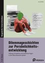 „Dilemmageschichten zur Persönlichkeitsentwicklung“; Person mit Glühbirnenkopf sitzt vor Büchern.
