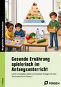 "Gesunde Ernährung spielerisch im Anfangsunterricht." Zwei Kinder am Tisch mit gesunden Lebensmitteln und Ernährungspyramide.