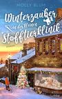 Text: "Winterzauber in der kleinen Stofftierklinik". Winterliche Szene mit einem verschneiten Dorf und Spielzeugtieren.