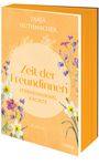 „Spiegel Bestseller-Autorin“, „Zeit der Freundinnen“, „Sternenhimmel Nächte“, „Roman“. Blumen auf orangefarbenem Hintergrund.