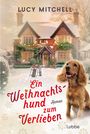 "Lucy Mitchell. Ein Weihnachtshund zum Verlieben. Roman. lubbe." Ein weihnachtlich dekoriertes Haus und ein Hund im Schnee.