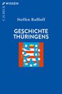 Text: "GESCHICHTE THÜRINGENS". Blaues Cover mit einem stilisierten Wappen mit Löwe und Sternen in der Mitte.