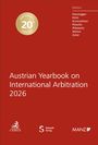 20th anniversary edition in einem goldenen Siegel. "Austrian Yearbook on International Arbitration 2026", rote Hintergrundfarbe.