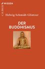 C.H. BECK WISSEN, Helwig Schmidt-Glintzer, DER BUDDHISMUS. Bronze Buddha in meditierender Haltung auf orangenem Hintergrund.