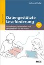 "Datengestützte Leseförderung" von Juliane Dube. Illustration von zwei Personen, eine mit Buch, eine mit Tablet.