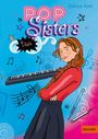 „POP Sisters“ und „Viola“. Mädchen mit Zopf, lächelt vor blauer Kulisse mit Musiksymbolen, Sternen und Keyboard.