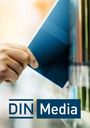 Text: "DIN Media". Eine Hand zieht ein blaues Buch oder Dokument aus einem Regal.