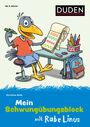 "Ab 5 Jahren" und "Mein Schwungübungsblock mit Rabe Linus". Illustration: Ein Rabe zeichnet Schwunglinien am Tisch.