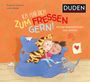 "Ich hab dich zum Fressen gern! Witzige Redewendungen über Gefühle." Zwei Kinder kuscheln auf blauem Kissen, Katze spielt.