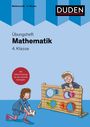 Übungsheft Mathematik 4. Klasse. Illustration: Zwei Kinder spielen mit einem Holzwandspiel mit bunten Zahlenlöchern.