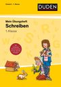 "Mein Übungsheft Schreiben 1. Klasse" Text oben, Illustration: Kind hält Hase, anderes kniet, füttert Hasen, gelber Hintergrund.