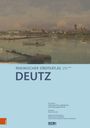 „Rheinischer Städteatlas: Deutz.“ Illustration einer Stadtansicht am Fluss mit historischen Gebäuden und Booten.