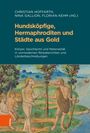 Titel: "Hundsköpfige, Hermaphroditen und Städte aus Gold". Illustration von menschenähnlichen Figuren mit Hundeköpfen in Natur.