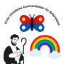 „Erste christliche Kontrastbilder für Babyaugen“ ein bunter Schmetterling, ein Hirte mit Lamm, ein Regenbogen.