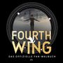 "Fourth Wing: Das offizielle Fan-Malbuch." Silhouette einer Person vor nebliger Stadt, umgeben von kreisförmigen Mustern.