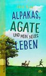 Text: Erin Bow, ALPAKAS, AGATE UND MEIN NEUES LEBEN. Unten: Junge rennt, verfolgt von zwei Alpakas, Baum links. 