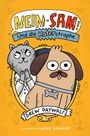 "NEIN-SAM! Und die Katerstrophe" oben. Illustration eines Hundes mit Marke "SAM" und einer grauen Katze im weißen Anzug.