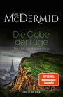 "Die Gabe der Lüge. Ein Fall für Karen Pirie." Oben Landschaft mit grünem Hügel, unten Stadtansicht.