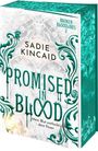 "Promised in Blood" von Sadie Kincaid, Broken Bloodlines 2. Verschnörkelte grüne Verzierungen auf hellem Hintergrund.