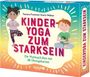 "KINDER-YOGA ZUM STARKSEIN: Die Mutmach-Box mit 38 Übungskarten." Zwei Kinder, die Yoga-Posen machen, umgeben von bunten Strahlen.