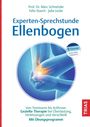 Experten-Sprechstunde Ellenbogen. Illustration zeigt blaues Röntgenbild eines Ellenbogens, der von Händen gehalten wird.