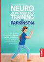Titel: "Neurozentriertes Training bei Parkinson". Illustration: Frau in Bewegung mit Gehirnansicht und Nervenbahn.