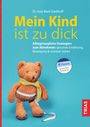 "Mein Kind ist zu dick" in gelber Schrift oben, darunter Bär mit Maßband und gelbem Schal auf blauem Hintergrund. Qualitässiegel.
