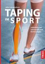 "Buchtitel: Taping im Sport. Text: Soforthilfe bei Schmerzen und Verletzungen. Zwei Beine mit farbigen Tapes, Sportschuhe."
