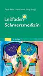 Text: "Leitfaden Schmerzmedizin. 3. Auflage." Oben grüne Fläche, unten eine bunte, abstrakte Illustration von zwei Köpfen.