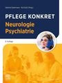 "PFLEGE KONKRET Neurologie Psychiatrie 8. Auflage" und ein Bild mit blaugekleideten Personen in einer medizinischen Umgebung.