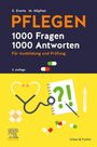 Titel: "PFLEGEN 1000 Fragen 1000 Antworten". Gelbes Stethoskop, Notizbuch, Thermometer, Pillen, Pflaster.