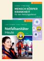 Zwei Buchcover: "Notfallsanitäter Heute", "Mensch Körper Krankheit für den Rettungsdienst". Rettungsdienst-Szenen und Symbole.