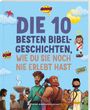 "Die 10 besten Bibelgeschichten, wie du sie noch nie erlebt hast" mit Comics im Cartoonstil und Pixelgrafiken.