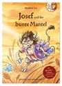 Text: "Josef und der bunte Mantel", "Die Kinderbibel, in der alle Menschen Tiere sind." Illustration: Ein Tier in buntem Mantel.
