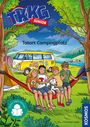 Oben steht "TKKG Junior". Darunter "Tatort Campingplatz". Vier Kinder und ein Hund sitzen fröhlich in einer Hängematte.