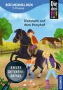 Titel: "Diebstahl auf dem Ponyhof". Darunter eine Illustration mit einem Pony, drei Kindern und einer Lupe.