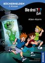 "BÜCHERHELDEN 2. Klasse", "Die drei ??? Kids", "Alien-Alarm". Drei Kinder rennen vor einem grünen Alien in einer Röhre.