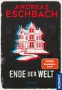 ANDREAS ESCHBACH, ENDE DER WELT, Roman. Eine stilisierte Villa in Rot und Blau, „SPIEGEL Bestseller-Autor“.