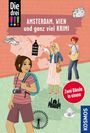 Illustration: "AMSTERDAM, WIEN und ganz viel KRIMI". Drei Mädchen mit Kamera und Karte auf farbigem Hintergrund.
