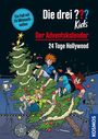 „Die drei ??? Kids: Der Adventskalender - 24 Tage Hollywood“. Drei Kinder hängen an einem dekorierten Weihnachtsbaum.