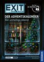 Text: "EXIT Das Buch", "DER ADVENTSKALENDER", "Der unheilige Abend", "Ein Fall 24 Rätsel", "LEVEL Einsteiger". Illustration: Weihnachtliche Szene mit Kamin, Weihnachtsbaum und Geschenken durch gefrorenes Fenster betrachtet.