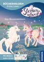 "BÜCHERHELDEN Erstes Lesen", "Das Blumeneinhorn", "Mit Bildern lesen lernen", zwei Einhörner in märchenhafter Landschaft.
